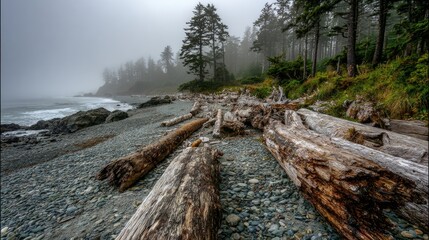 Misty Coastal Scene with Driftwood Logs on a Pebble Beach in Pacific Northwest