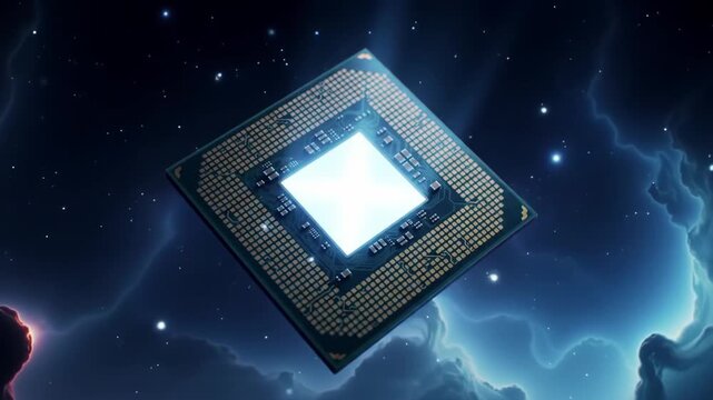A glowing computer processor chip is floating in cosmic space.