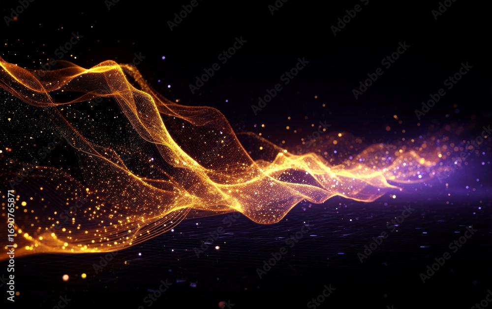 Poster dynamic glowing light waves with sparkling particles in dark background