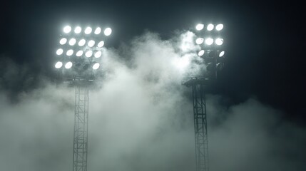 Illuminated stadium lights piercing through a dense haze at night atmosphere