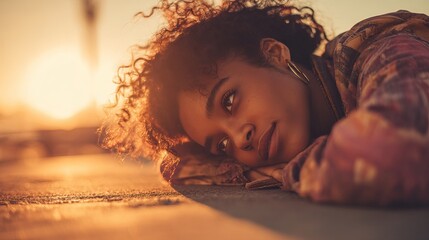 Young woman with curly hair bathed in warm sunset light, a serene portrait of peaceful contemplation