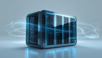 3D Render of a Sleek Futuristic Server Unit with Blue Light Streaks
