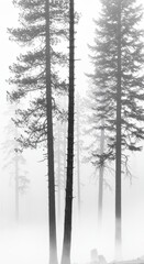 Monochromatic Misty Forest Scene: Tall Pine Trees in Foggy Atmosphere, Black and White Photography, Tranquil Nature Image, Serene Woodland Setting