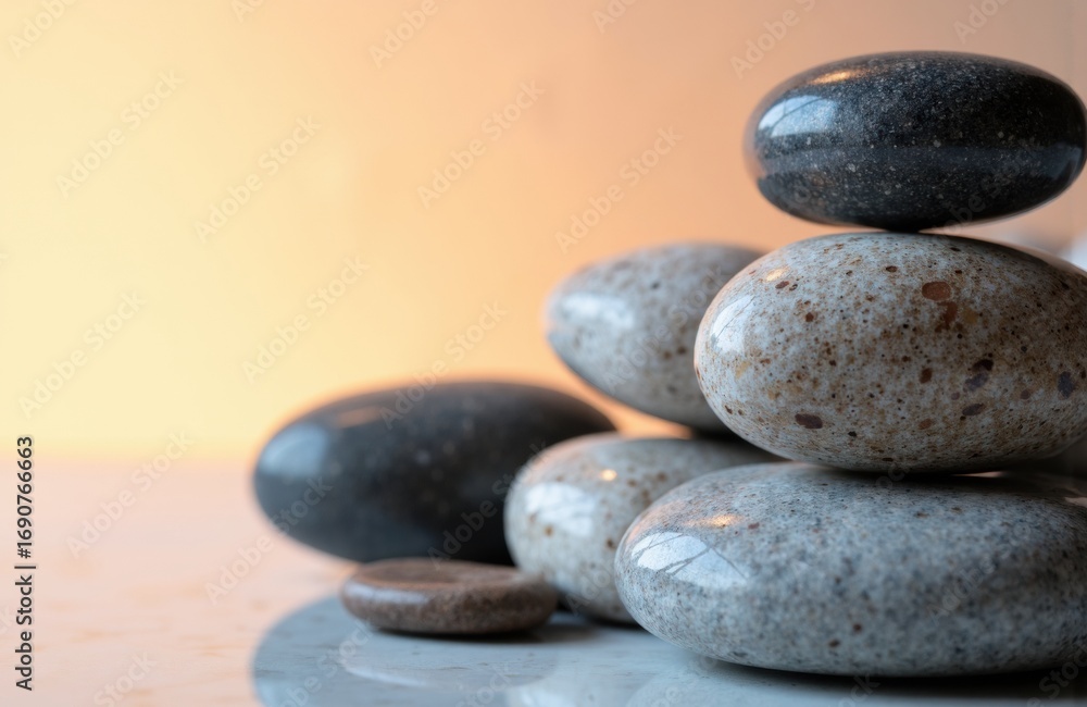 Poster calm stack of smooth stones arranged on a reflective surface with a soft warm background