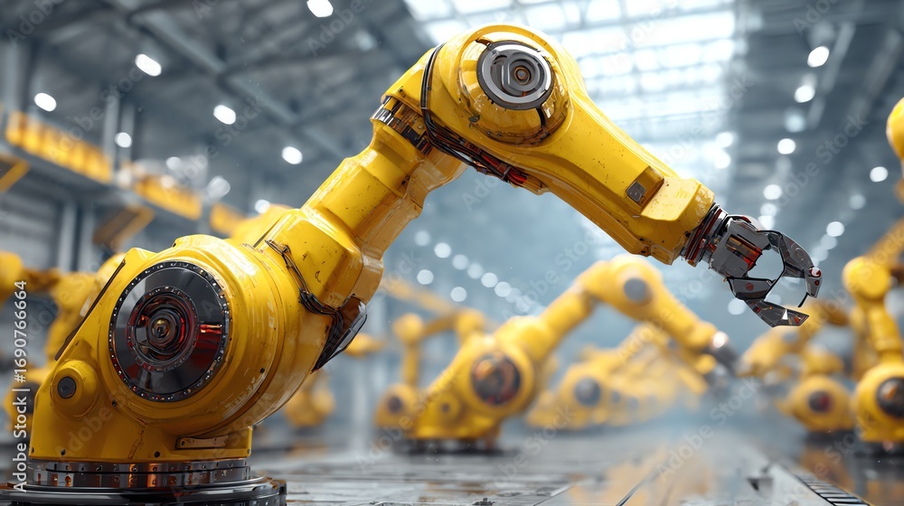 Poster a focused view showcases a bright yellow robotic arm within a large, automated factory setting, emph