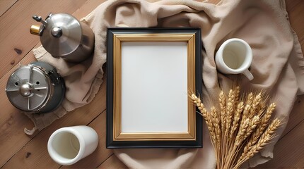 An empty picture frame sits on a wooden table with a cloth, two empty glasses, a coffee maker and straw.