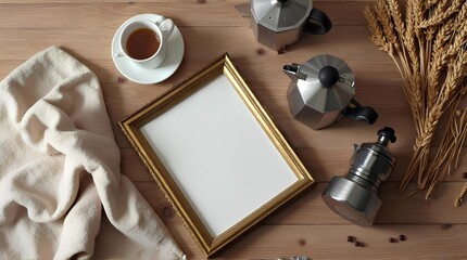 An empty picture frame placed on a wooden floor with a cloth, coffee, a coffee maker and straw.