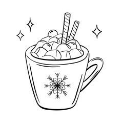 A cozy mug of hot chocolate with marshmallows, perfect for coloring pages, New Year celebrations and holiday themed projects.