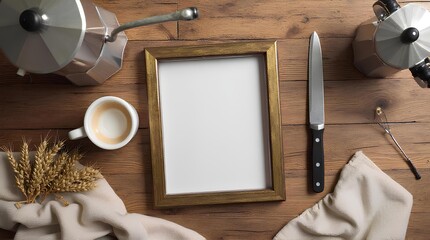 An empty picture frame is placed on a wooden table with a knife cloth, an empty glass, a coffee maker and straw.