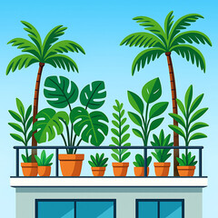 Obraz premium Vibrant Balcony Garden A Lush Oasis in the Sky with Palm Trees and Exotic Plants