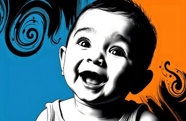 A joyful baby with expressive eyes and a wide smile against a vibrant, colorful background