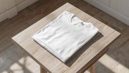 Clean Mockup of a Folded White T-shirt on a Light Wood Table
