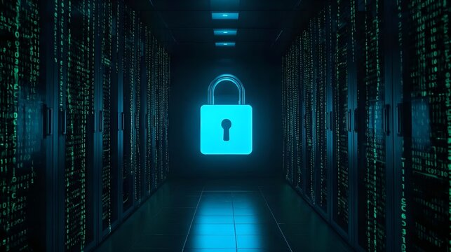 Conceptual visualisation of cybersecurity with glowing padlock in dark server room