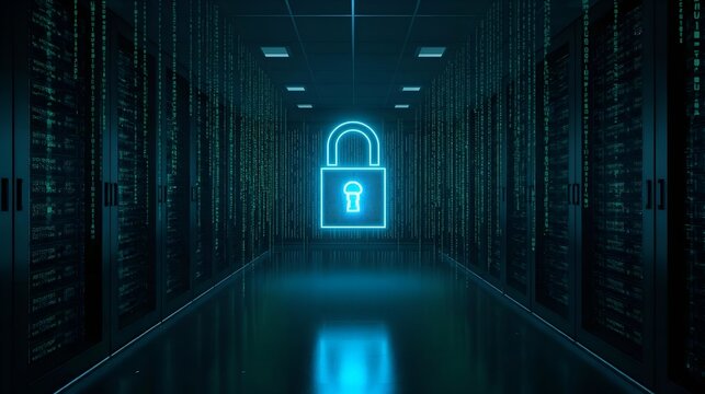 Conceptual visualisation of cybersecurity with glowing padlock in dark server room