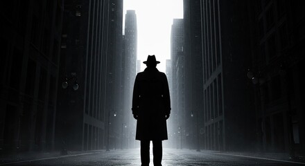 Mysterious Figure in Dark Urban Alleyway: A Silhouette of a Man in a Long Coat and Fedora Hat Standing Between Tall Buildings on a Rainy Night