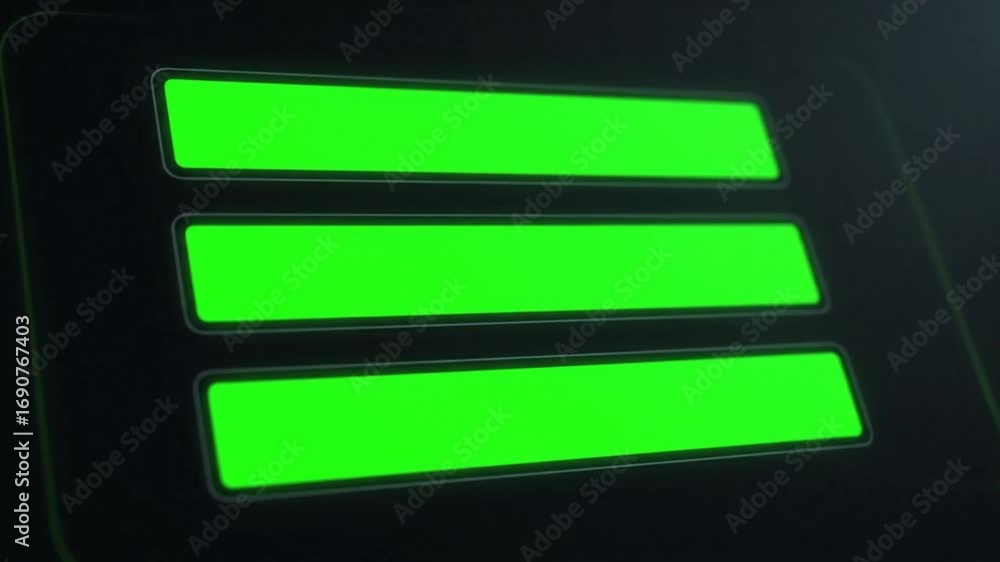 Poster a futuristic digital interface displays three vibrant green glowing bars, symbolizing a menu icon, p