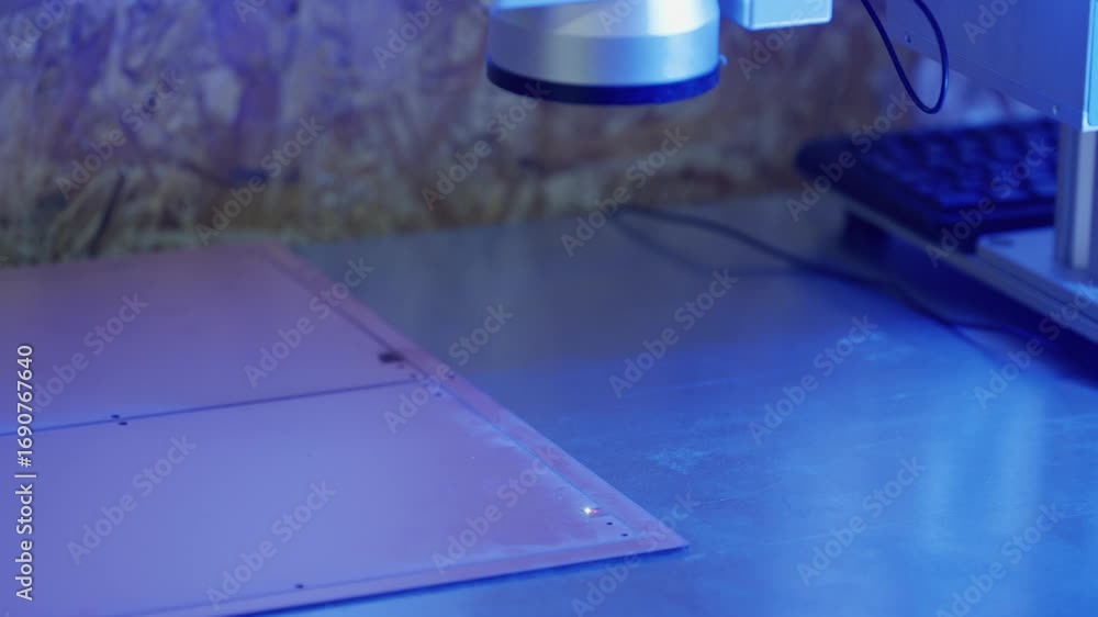 Poster high precision laser engraving machine performing intricate etching on circuit board, casting blue i