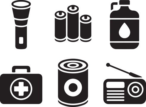 Black Silhouette Icons of Emergency Preparedness Items Flashlight Batteries Water Can First Aid Kit - Powered by Adobe