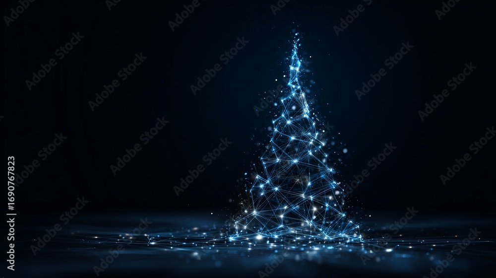 Poster futuristic christmas tree glowing with digital connections and network data on a deep dark backgroun