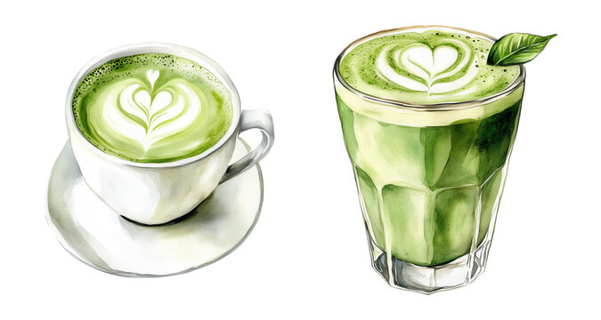 watercolor illustration of different matcha lattes