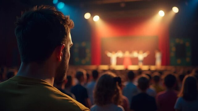 High resolution photograph of father watching school performance of child on decorated stage capturing supportive paternal presence in  Photo Stock  Concept  and empty space on the left side