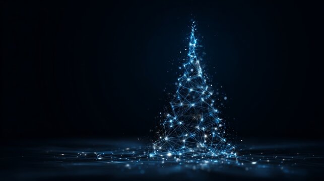 Futuristic Christmas tree glowing with digital connections and network data on a deep dark background.