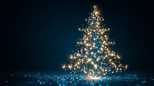 Futuristic Christmas tree composed of digital lights, data streams, and electronic circuit boards against dark blue background.