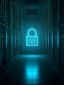 Conceptual visualisation of cybersecurity with glowing padlock in dark server room