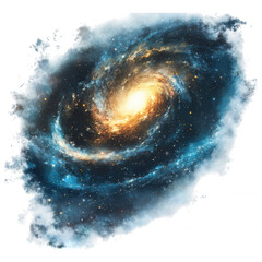 Fototapeta premium Celestial Dance: An ethereal spiral galaxy swirls with cosmic dust and brilliant stars, painted with celestial hues of vibrant blues and golden yellows.