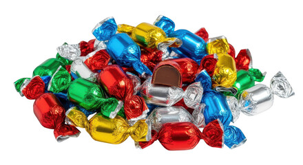 Pile of colorful wrapped candies isolated on transparent background