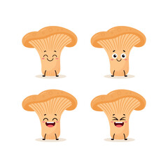 Cute Chanterelle Mushroom Characters Displaying Different Expressions in Cartoon Style Illustration