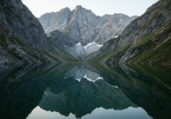 Naklejka premium Majestic mountains reflected in a serene lake