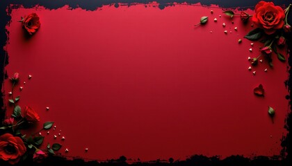 A vibrant red backdrop adorned with rose petals and scattered confetti.