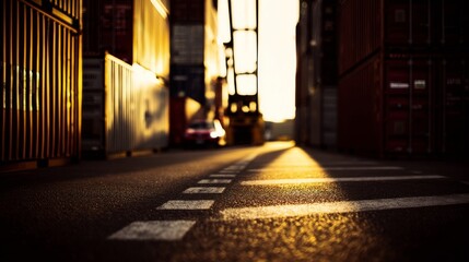 A bustling container terminal with intersecting roads, sun rays casting bright shadows,
