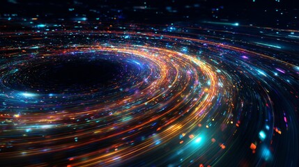 Obraz premium Abstract swirling galaxy with energetic light streaks showcases cosmos and deep space adventure visualization background