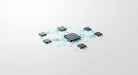 Network of Microchips Connected by Data Streams on a White Background A Detailed 3D Render of Integrated Circuits with Cyan Data Lines Illustrating