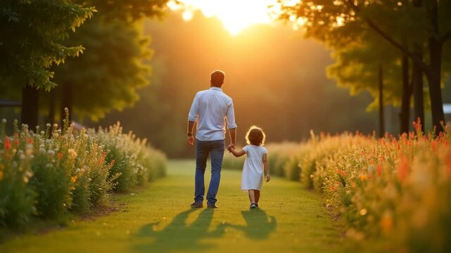 Father and Child Strolling Through Lush Green Park at Sunrise: Affectionate Family Bonding in Digital Stock Photography with Flowerbeds and Empty Space