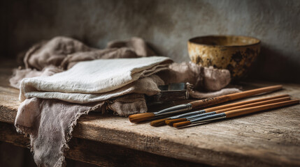 still life on rustic table, folded linen fabric