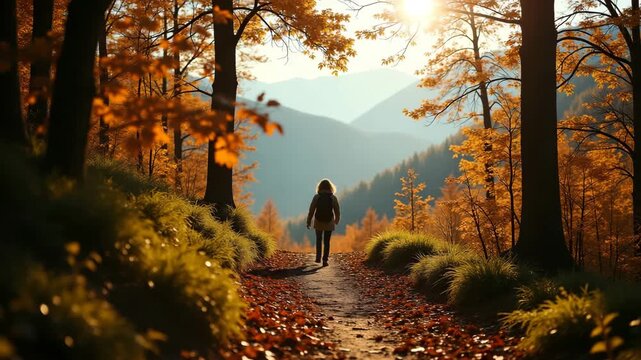 High fidelity stock image illustrating slow travel hiking concept with lone walker strolling along wooded mountain trail surrounded by autumn foliage under diffused sunlight in  Photo Stock  Concept  