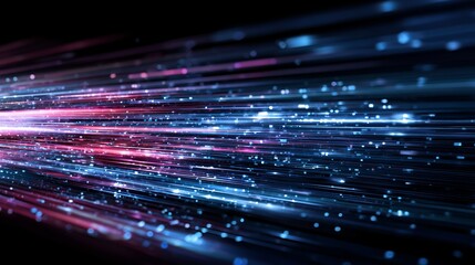 Abstract digital data stream visualization with light streaks, creating a futuristic, high-tech network and communication background