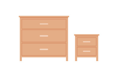 Minimal wooden furniture illustration showing a chest of drawers and bedside table. Simple flat design style suitable for interior, home decor, furniture catalog, and modern lifestyle themes.