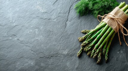 Closeup of fresh green asparagus spears tied with jute twine on a smooth slate surface, soft diffused lighting, vibrant textures, natural ecofriendly presentation, minimalistic composition with ample