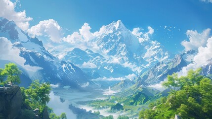 A scenic view of snow capped mountains with lush green valleys and a clear blue sky with white clouds