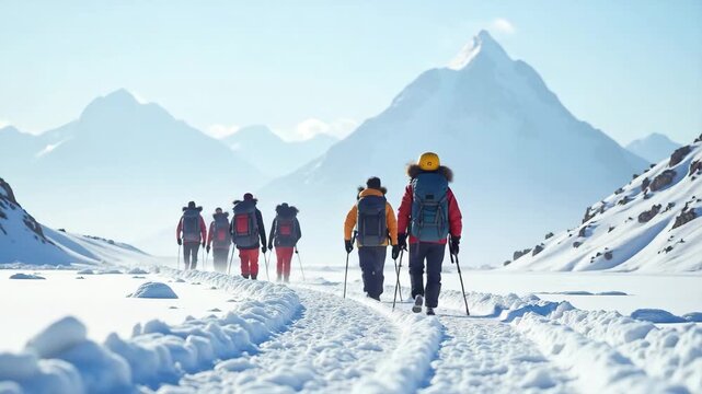 expedition team crossing freezing high altitude col carrying heavy gear captured in crisp professional exploration stock photography in  Photo Stock  Concept  and empty space on the left side