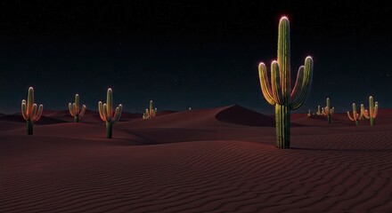 Night Desert Landscape with Illuminated Cacti under Starry Sky Detailed Pixel Art Digital Painting