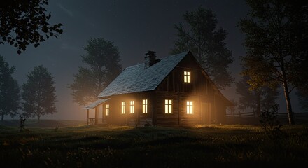 Night Scene of a Cozy Wooden Cabin Illuminated with Warm Lights in a Dark Forest Under a Starry Sky