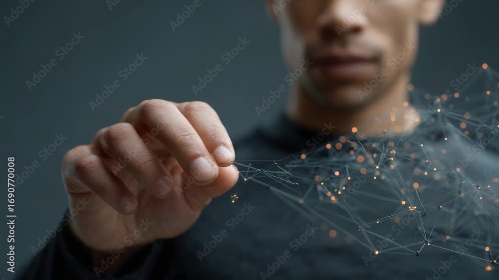 Aufkleber network visualization emerges from businessman's hand, showcasing interconnected nodes and data flow