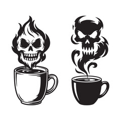 Skull Steam from Coffee Mug Illustration – Gothic Coffee Cup Vector with Spooky Halloween Style Art