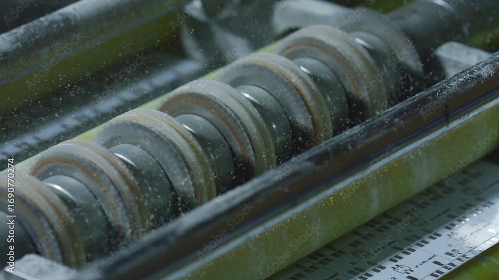 Poster industrial machinery demonstrating precise powder distribution through rotating rollers, capturing i