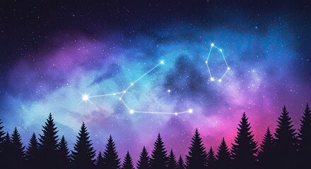 Night Sky Over Silhouetted Pine Forest: A Stunning Display of Purple Pink and Blue Nebulae with Bright Stars Above Dark Trees